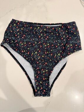 High-Waisted Floral Bikini Bottoms - black with bright color Flowers.